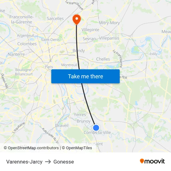 Varennes-Jarcy to Gonesse map