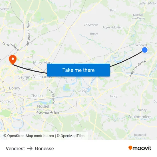 Vendrest to Gonesse map