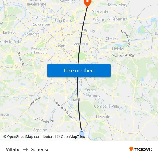 Villabe to Gonesse map