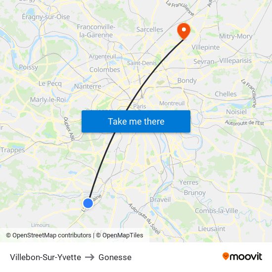 Villebon-Sur-Yvette to Gonesse map