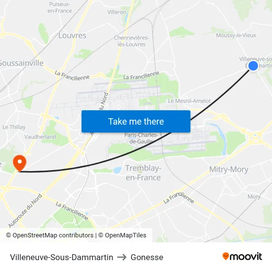 Villeneuve-Sous-Dammartin to Gonesse map