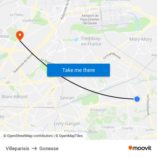 Villeparisis to Gonesse map