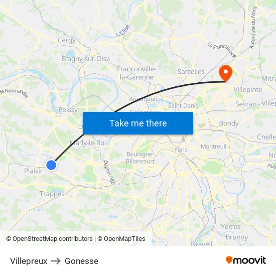 Villepreux to Gonesse map
