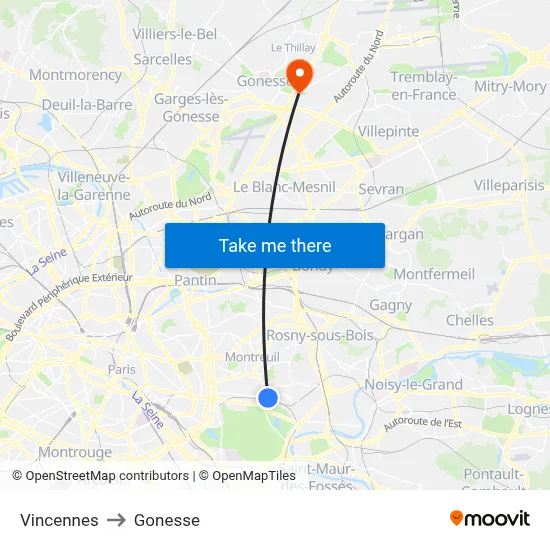 Vincennes to Gonesse map