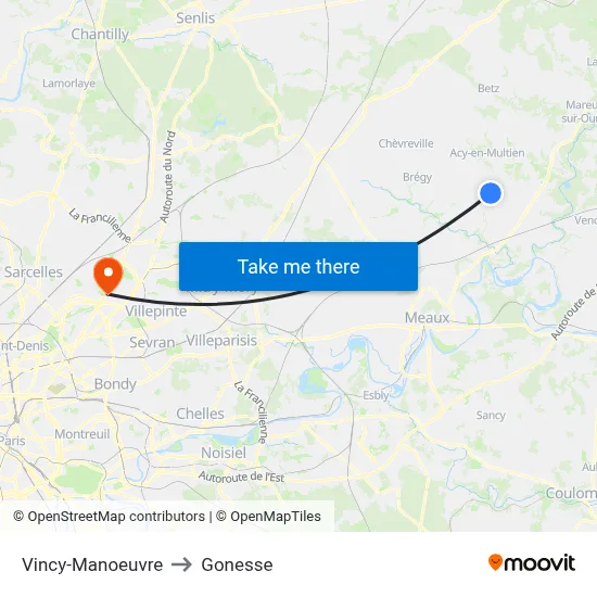 Vincy-Manoeuvre to Gonesse map