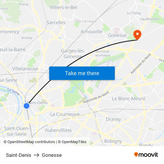 Saint-Denis to Gonesse map