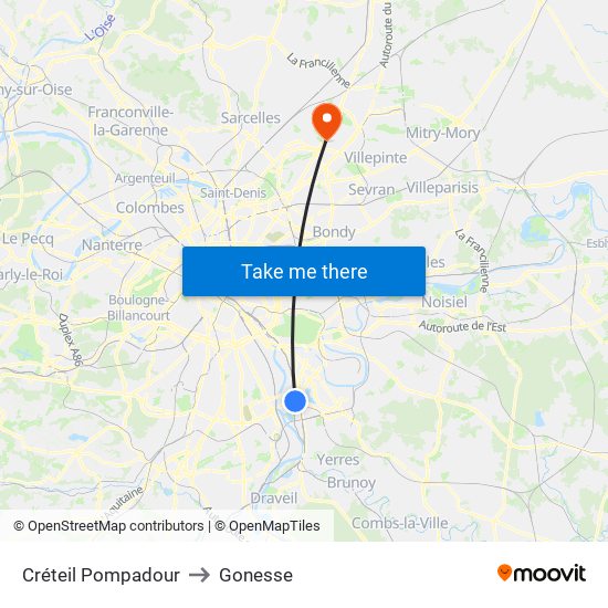 Créteil Pompadour to Gonesse map