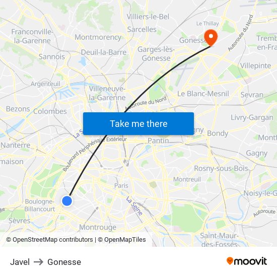 Javel to Gonesse map
