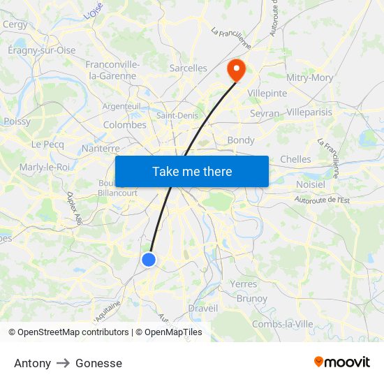 Antony to Gonesse map
