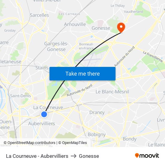 La Courneuve - Aubervilliers to Gonesse map