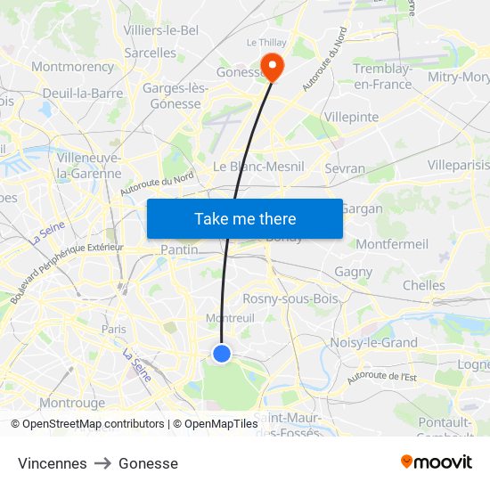 Vincennes to Gonesse map