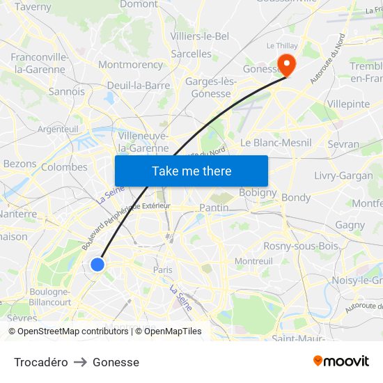 Trocadéro to Gonesse map