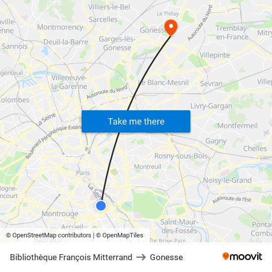 Bibliothèque François Mitterrand to Gonesse map