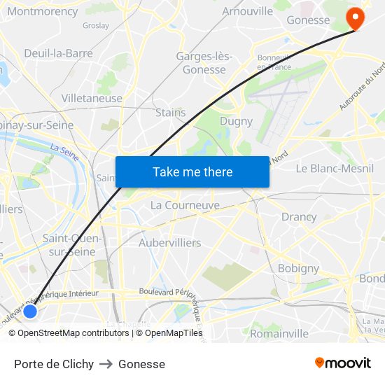 Porte de Clichy to Gonesse map