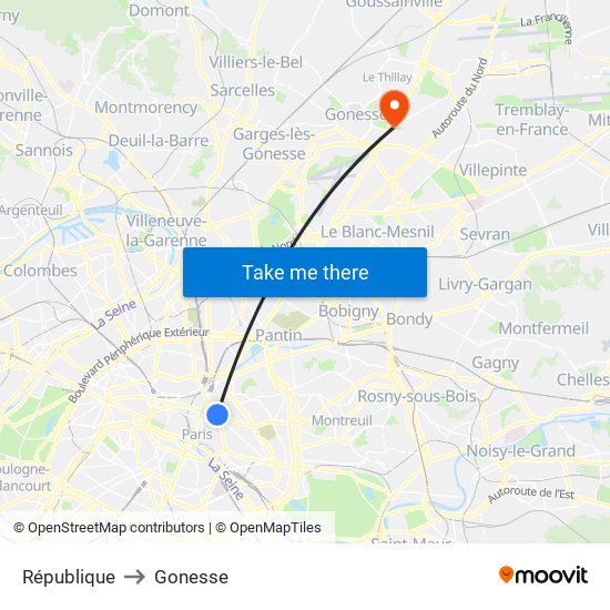 République to Gonesse map