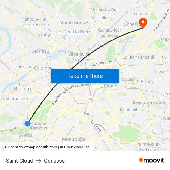 Saint-Cloud to Gonesse map