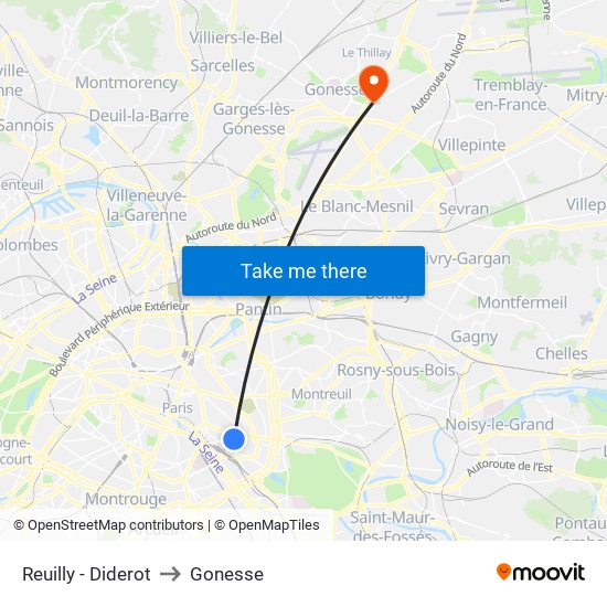 Reuilly - Diderot to Gonesse map