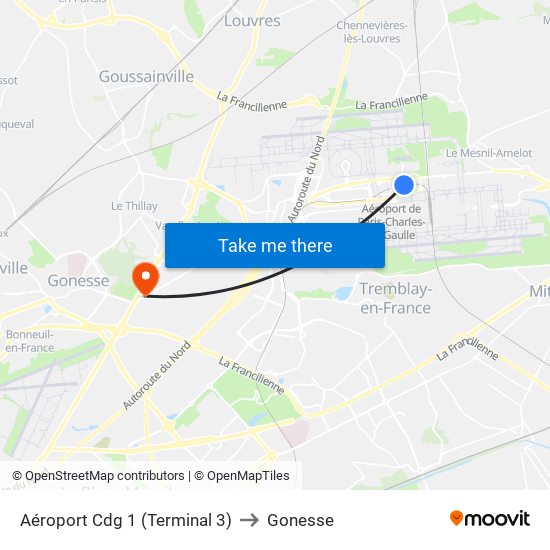 Aéroport Cdg 1 (Terminal 3) to Gonesse map