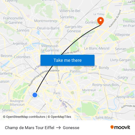 Champ de Mars Tour Eiffel to Gonesse map