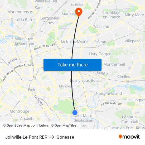 Joinville-Le-Pont RER to Gonesse map