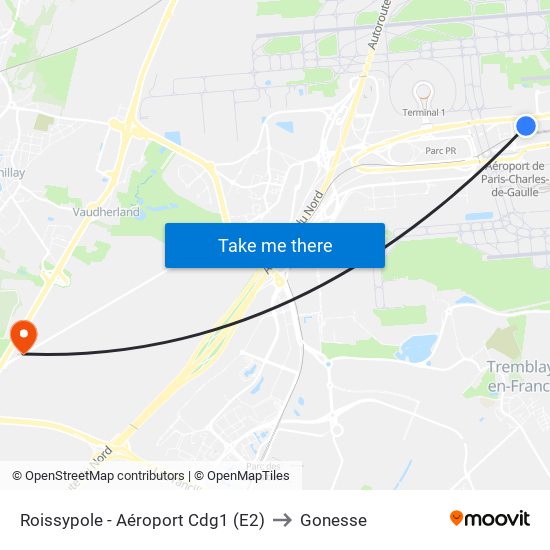 Roissypole - Aéroport Cdg1 (E2) to Gonesse map