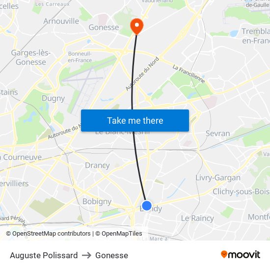 Auguste Polissard to Gonesse map