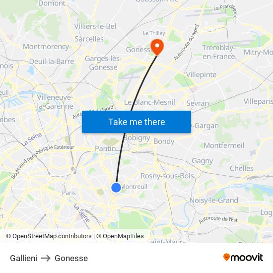 Gallieni to Gonesse map