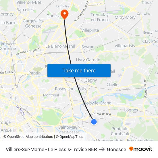 Villiers-Sur-Marne - Le Plessis-Trévise RER to Gonesse map