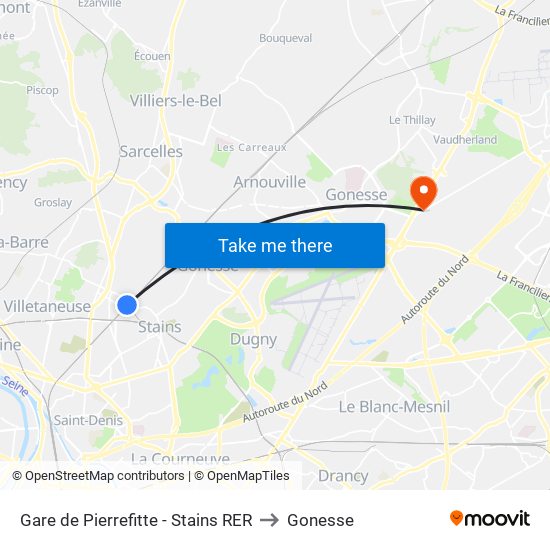 Gare de Pierrefitte - Stains RER to Gonesse map