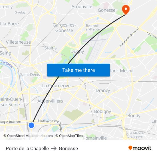 Porte de la Chapelle to Gonesse map