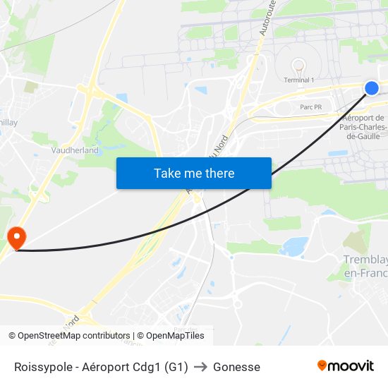 Roissypole - Aéroport Cdg1 (G1) to Gonesse map
