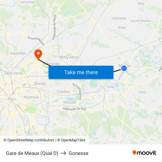 Gare de Meaux (Quai D) to Gonesse map