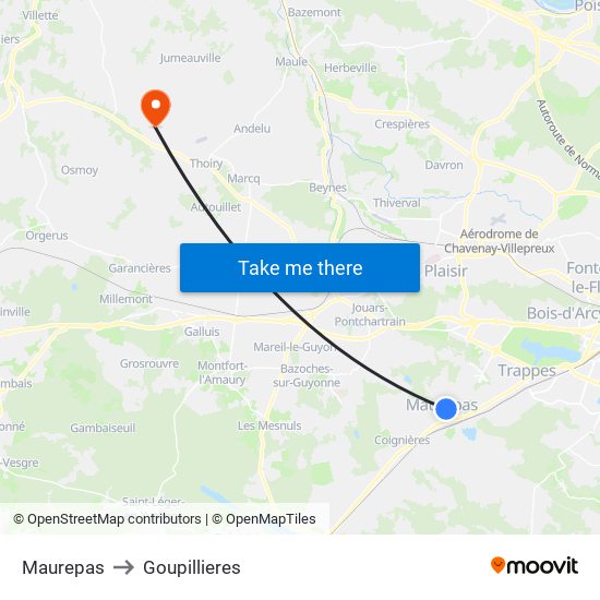 Maurepas to Goupillieres map