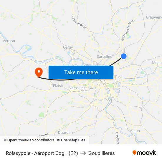 Roissypole - Aéroport Cdg1 (E2) to Goupillieres map
