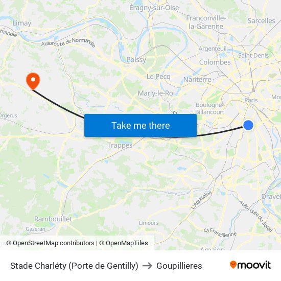 Stade Charléty (Porte de Gentilly) to Goupillieres map