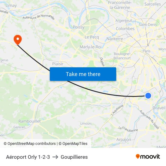 Aéroport Orly 1-2-3 to Goupillieres map