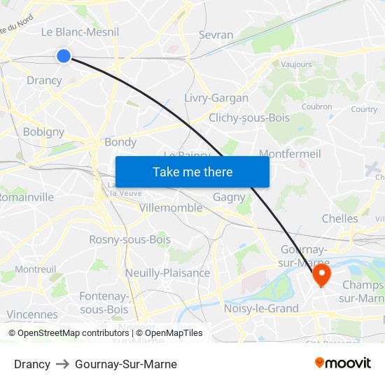 Drancy to Gournay-Sur-Marne map