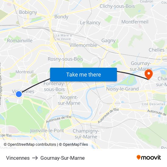 Vincennes to Gournay-Sur-Marne map