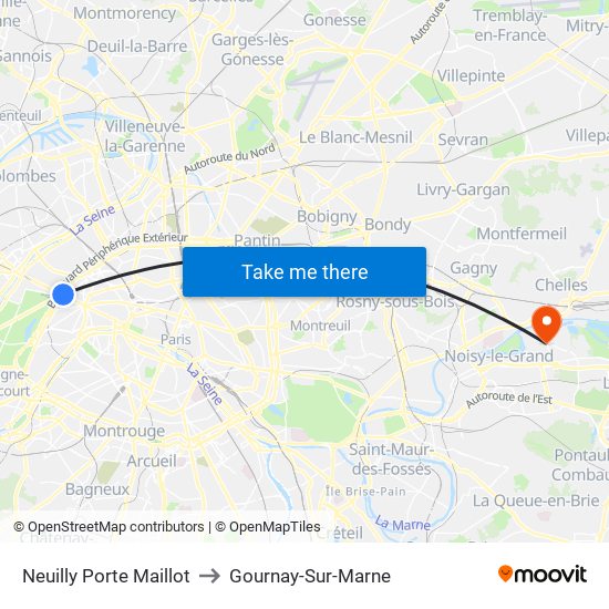 Neuilly Porte Maillot to Gournay-Sur-Marne map