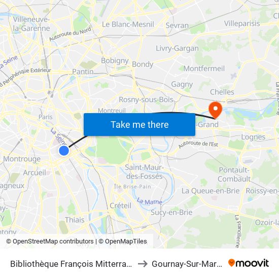 Bibliothèque François Mitterrand to Gournay-Sur-Marne map