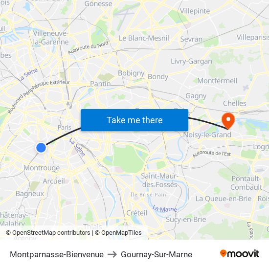 Montparnasse-Bienvenue to Gournay-Sur-Marne map