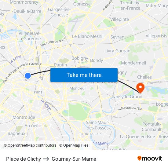 Place de Clichy to Gournay-Sur-Marne map