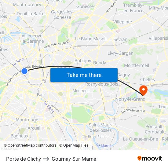 Porte de Clichy to Gournay-Sur-Marne map