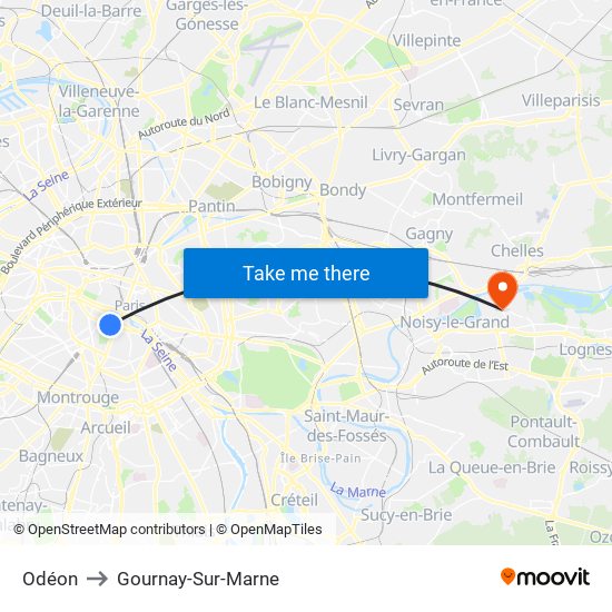 Odéon to Gournay-Sur-Marne map