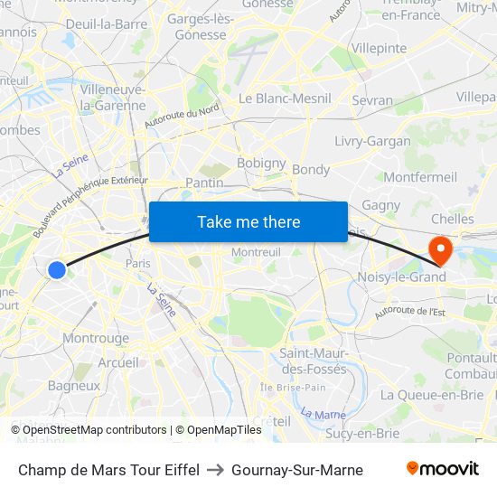 Champ de Mars Tour Eiffel to Gournay-Sur-Marne map