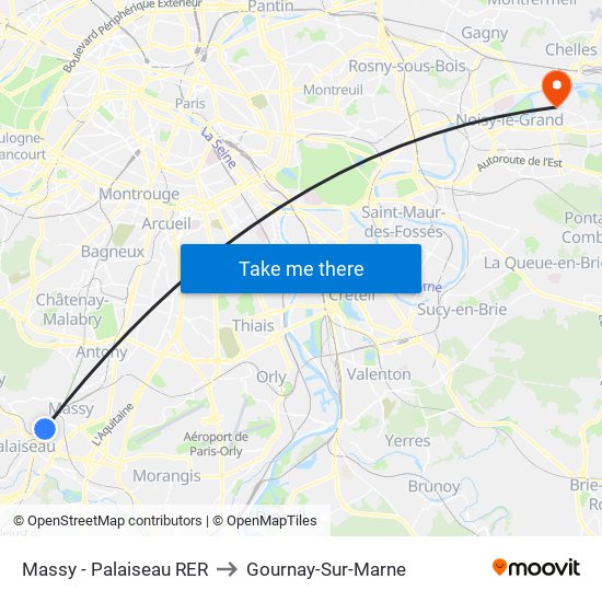 Massy - Palaiseau RER to Gournay-Sur-Marne map