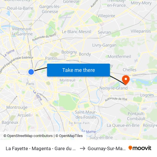 La Fayette - Magenta - Gare du Nord to Gournay-Sur-Marne map