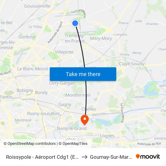 Roissypole - Aéroport Cdg1 (E2) to Gournay-Sur-Marne map