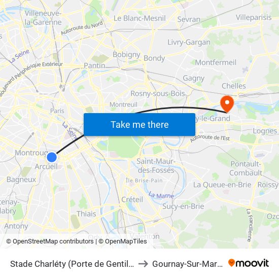 Stade Charléty (Porte de Gentilly) to Gournay-Sur-Marne map