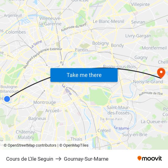 Cours de L'Ile Seguin to Gournay-Sur-Marne map